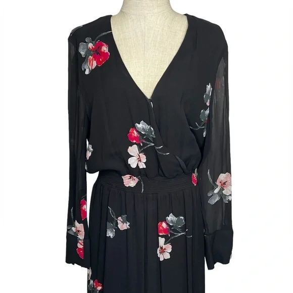 NWT Witchery Womens Dress Black Size 12 V-Neck Sheer Sleeves Maxi Red Flower - Picture 2 of 16